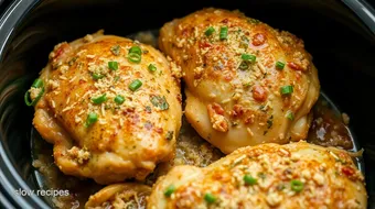 Savory Garlic Herb Chicken Thighs in a Slow Cooker recipe card